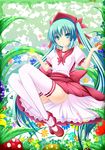  aqua_eyes aqua_hair bow dress flower hatsune_miku inu3 long_hair mary_janes shoes sitting solo thighhighs twintails very_long_hair vocaloid 