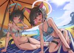  2girls absurdres all_fours animal_ears beach bikini black_bikini black_eyes black_hair blue_archive blue_halo blush breasts cat_ears cat_tail colored_inner_animal_ears colored_inner_hair commentary denim denim_bikini extra_ears halo highres kazusa_(blue_archive) kazusa_(c108_swimsuit)_(blue_archive) kikyou_(blue_archive) kikyou_(c108_swimsuit)_(blue_archive) mismatched_bikini muekthianart multicolored_hair multiple_girls multiple_tails nekomata ocean official_alternate_costume open_mouth parted_bangs pink_hair pink_halo sandals short_hair sitting swimsuit tail toes two_side_up two_tails white_bikini white_sandals 
