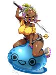  +_+ 1girl :d blonde_hair breasts commentary_request dark-skinned_female dark_skin dated_commentary frye_(splatoon) highres holding holding_sword holding_weapon looking_at_viewer midriff navel open_mouth pointy_ears purple_hair shirt simple_background slime_(creature) smile solo splatoon_(series) sword t2ukmyjm weapon white_background yellow_shirt 
