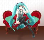  aqua_eyes aqua_hair couch hatsune_miku headphones headset legs long_hair miki_meteor necktie no_pants sitting solo thighhighs twintails very_long_hair vocaloid 