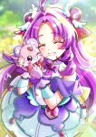  1girl 1other absurdres ahoge akechi_anna aqua_trim back_bow bow brooch capelet closed_eyes commentary_request cure_answer double_bun dress fairy_(precure) gloves hair_bun hair_intakes hair_ornament heart heart_brooch highres huge_bow impossible_hair jewelry layered_gloves long_hair magical_girl meitantei_precure! momotarouooi necktie non-circular_lens_flare off_shoulder outdoors pact_holder pochi-tan precure purple_bow purple_capelet purple_dress purple_gloves purple_hair purple_necktie smile teeth very_long_hair wing_hair_ornament wrist_bow yellow_bow 