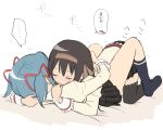  2girls akemi_homura between_legs black_hair black_pantyhose black_skirt black_socks blue_hair blush borrowed_hairstyle brown_hairband closed_eyes cosplay hair_ribbon hairband highres hug juliet_sleeves kaname_madoka kaname_madoka_(cosplay) kneehighs long_hair long_sleeves mahou_shoujo_madoka_magica mahou_shoujo_madoka_magica:_walpurgis_no_kaiten meis_(terameisu) miki_sayaka mitakihara_school_uniform multiple_girls nervous_sweating pantyhose puffy_sleeves red_ribbon ribbon school_uniform shirt short_twintails simple_background skirt socks speech_bubble sweat translation_request twintails white_background yellow_shirt yuri 