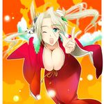  aqua_eyes bad_id bad_pixiv_id blonde_hair breasts bursting_breasts cleavage copyright_request cow fang hair_ornament japanese_clothes kimono kimura_shiki large_breasts long_hair mole one_eye_closed smile solo 