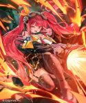  1girl :d ;d artillery bare_shoulders between_breasts black_jacket black_skirt black_thighhighs breasts cleavage clothes_between_breasts collar commentary_request copyright_notice ear_piercing earrings fangs fighting_stance firing fishnet_thighhighs fishnets floating_hair full_body garter_straps goggles goggles_on_head hair_ribbon heart heart_earrings highres holding holding_weapon jacket jewelry large_breasts loafers long_hair looking_at_viewer misekiss mole mole_on_breast necktie necktie_between_breasts off_shoulder official_art one_eye_closed open_mouth piercing red_eyes red_hair ribbon shadowverse shadowverse:_worlds_beyond shirt shoes skirt smile solo squatting studded_collar studs thighhighs tidal_gunner_(shadowverse) twintails v v_over_eye weapon whirlpool_gunner_(shadowverse) white_shirt 