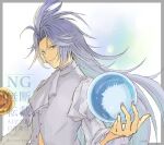  1boy ascot commentary_request dissidia_duellum_final_fantasy dissidia_final_fantasy final_fantasy final_fantasy_ix grey_hair highres juliet_sleeves kuja kuja_(bewitching_actor) long_hair long_sleeves looking_at_viewer male_focus puffy_sleeves purple_eyes purple_nails shirt smile solo upper_body watermark white_ascot white_shirt yuko_rtrt 