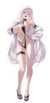  1girl absurdres arm_strap armpits ass_visible_through_thighs bare_legs bare_shoulders black_sandals black_slingshot_swimsuit breasts bright_pupils chukibabo2 cleavage collarbone colored_eyelashes commentary_request commission criss-cross_halter criss-cross_straps feet full_body groin hair_between_eyes hair_intakes halterneck hand_on_own_hip hand_up head_tilt highres jacket korean_commentary large_breasts legs long_hair long_sleeves o-ring off_shoulder open_clothes open_jacket open_mouth orange_eyes original saliva saliva_trail sandals second-party_source sideboob sidelocks simple_background sleeves_past_wrists slingshot_swimsuit smile standing swimsuit teeth thighs toes tongue tongue_out transparent_background unzipped upper_teeth_only very_long_hair white_eyelashes white_hair white_jacket white_pupils yurnil zipper zipper_pull_tab 