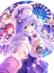  4girls :d angora_rabbit animal_on_head animal_print beret blue_eyes blue_hair blue_pupils blue_skirt blurry blurry_foreground border bow chimame-tai christmas_tree closed_mouth commentary_request cover cover_page dot_nose fang ferris_wheel floating_hair gochuumon_wa_usagi_desu_ka? hat hat_bow highres holding holding_stuffed_toy hoto_cocoa jouga_maya kafuu_chino koi_(koisan) light_blush long_eyelashes long_hair long_sleeves looking_at_viewer matching_outfits medium_hair multiple_girls natsu_megumi nutcracker official_art on_head outdoors outside_border own_hands_clasped own_hands_together pleated_skirt pointing pointing_at_object pov rabbit rabbit_print shawl skin_fang skirt smile solo_focus standing stuffed_animal stuffed_rabbit stuffed_toy textless_cover_page textless_version tippy_(gochiusa) white_border white_hat white_shawl winter winter_clothes wreath yellow_eyes yellow_pupils 