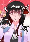  ! 1girl ? angry black_hair blue_eyes breasts chainsaw_man choppy_bangs cross_scar facing_viewer floating_hair highres jacket lips long_sidelocks mitaka_asa necktie_on_shoulder potoo red_eyes ringed_eyes scar scar_on_cheek scar_on_face scar_on_nose siaaa31 sidelocks skull smile upper_body war_devil_(chainsaw_man) white_jacket wing_collar yoru_(chainsaw_man) 