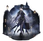  1girl artist_request ascot black_capelet black_dress black_gloves black_shoes blue_ascot blue_gem bow bowtie breasts brooch building capelet center_frills closed_mouth crossed_legs detached_sleeves diamond-shaped_brooch dot_nose dress expressionless flower frills full_body gem gloves green_eyes grey_hair hair_between_eyes hat hat_flower high_heels holding holding_suitcase jewelry lamppost large_breasts long_hair long_sleeves looking_at_viewer official_art professor_m_(star_savior) puffy_long_sleeves puffy_sleeves rain road rose shoes side_slit solo standing star_savior street suitcase top_hat watson_cross white_bow white_bowtie white_flower white_rose wide_brim 