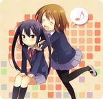  :d black_hair blazer blue_ribbon blush brown_eyes brown_hair closed_eyes eighth_note hirasawa_yui jacket k-on! kneehighs long_hair multiple_girls musical_note nakano_azusa neck_ribbon open_mouth pantyhose red_ribbon ribbon school_uniform shoes short_hair smile socks speech_bubble spoken_musical_note takana twintails uwabaki 