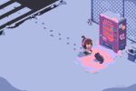  1girl ahoge artist_name black_cat brown_hair cat chain-link_fence chibi commentary earmuffs english_commentary fence footprints from_above highres isometric jacket original pixel_art pixelmima purple_scarf scarf snow stairs trash_can vending_machine winter 