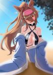  1girl absurdres agnes_tachyon_(umamusume) ahoge alternate_hair_length_(longer) animal_costume animal_ears arm_strap bare_shoulders black_choker black_slingshot_swimsuit blush breasts brown_hair choker cinderella_(crystal_wave)_(nikke) cinderella_(nikke) cleavage commentary cosplay goddess_of_victory:_nikke hair_between_eyes highres horse_ears horse_girl horse_tail large_breasts long_hair long_sleeves looking_at_viewer marciana_(marine_study)_(nikke) marciana_(nikke) marciana_(nikke)_(cosplay) navel open_mouth penguin_costume ponytail red_eyes slingshot_swimsuit smile swimsuit tail tks099 umamusume visor_cap 