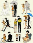  1boy 1girl 91_ppp aged_down antenna_hair aquiline_nose arm_behind_back averting_eyes bare_legs barefoot black_eyes black_hair black_pants black_shirt black_shoes black_skirt blue_shirt blush bouquet bridal_veil brown_hair child closed_eyes collage commentary couple denim denim_shorts dress flip-flops flower from_side full-face_blush full_body grin hat head_wreath heart height_difference hetero highres holding holding_bouquet hug husband_and_wife jewelry kanzaki_shiori kirisame_ga_furu_mori large_nose loose_socks medium_hair multiple_views nose off-shoulder_shirt off_shoulder orange_shirt outline pale_skin pants playing_games playing_video_games pointy_hair rain ring running sandals sanpaku shared_umbrella shirt shoes short_hair shorts shy simple_background sitting sitting_between_legs skirt smile socks standing suga_koutarou suit sun_hat sunflower sweatdrop sweater tan turtleneck turtleneck_shirt umbrella veil wariza wedding_dress wedding_ring wedding_suit white_outline white_shirt white_suit white_sweater yellow_shirt 