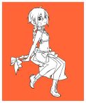  1girl alternate_costume arm_support baggy_pants bandaid bandaid_on_cheek bandaid_on_face boots border bow braid closed_mouth commentary_request crop_top greyscale_with_colored_background hair_between_eyes hair_bow long_hair looking_at_viewer midriff monk_(sekaiju) monk_4_(sekaiju) navel orange_background pants ruiko_(sad) sekaiju_no_meikyuu sekaiju_no_meikyuu_3 simple_background single_braid sketch smile solo white_border 