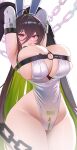  1girl absurdres animal_ear_hairband animal_ears armpits arms_up black_hair blush bow bowtie breast_strap breasts chain cleavage colored_inner_hair commentary crotch_zipper fake_animal_ears goddess_of_victory:_nikke green_bow green_bowtie green_hair green_streaks guilty_(mighty_bunny)_(nikke) guilty_(nikke) hair_between_eyes hairband highres huge_breasts juen_(jooann1359) leotard long_hair mechanical_gloves multicolored_hair official_alternate_costume parted_lips playboy_bunny power_gloves purple_eyes rabbit_ear_hairband rabbit_ears solo streaked_hair sweat thighs undersized_breast_cup white_leotard 
