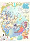  :d absurdres armlet arms_up bikini_top blue_flower blue_hair blue_rose bracelet butterflyfish choker conch coral fish flower frills gradient_hair hands head_fins highres jellyfish jewelry lace_background long_hair looking_at_viewer mermaid midriff monster_girl multicolored_hair navel open_mouth original pearl polka_dot polka_dot_background red_eyes robosuke rose scales seashell shell smile solo starfish tiara underwater wavy_hair 