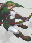  1boy absurdres arrow_(projectile) belt blonde_hair blue_eyes boots bow_(weapon) brown_boots commentary_request drawing_bow ear_piercing green_hat green_tunic grey_background hat highres holding holding_bow_(weapon) holding_weapon link looking_at_viewer male_focus nanananana0706 pants piercing pointy_ears quiver serious solo the_legend_of_zelda the_legend_of_zelda:_ocarina_of_time tunic twitter_username weapon white_pants 