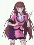 1girl absurdres aikatsu! aikatsu!_(series) brown_hair center_frills chain closed_mouth collared_shirt commentary_request cowboy_shot fishnet_pantyhose fishnets frills gem highres jacket long_hair looking_at_viewer nail_polish pantyhose pink_jacket pink_skirt purple_eyes purple_gem red_gem shibuki_ran shirt simple_background skirt smile solo standing watch white_background wristwatch yamaguchi_haruka_(tenpiboshi) 
