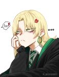  ... 1girl ? absurdres annoyed black_robe blonde_hair closed_mouth collared_shirt commentary curtained_hair draco_malfoy draco_malfoy_(redteneri) earrings english_commentary fingernails frown genderswap genderswap_(mtf) green_eyes green_nails green_necktie hand_on_own_chin hand_up harry_potter_(series) highres hogwarts_school_uniform hoop_earrings jewelry long_hair multicolored_necktie nail_polish necktie robe school_uniform shirt simple_background slytherin solo speech_bubble striped_clothes striped_necktie twitter_username two-tone_necktie upper_body white_background white_necktie white_shirt wildfirematt wizarding_world 