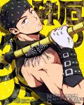  1boy 39zo armor bandana black_bandana black_eyes black_vest commentary_request fingerless_gloves fringe_trim from_behind genno_(omegahorn) gloves highres holding holding_weapon kakusei_hunter_omegahorn looking_back male_focus muscular muscular_male pauldrons short_hair shoulder_armor solo spiked_pauldrons spikes tokusatsu upper_body vest weapon white_gloves yellow_background 