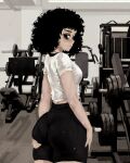  1girl absurdres ass bags_under_eyes black_eyes black_hair black_shorts breasts casato commentary curly_hair english_commentary highres indoors original shirt short_sleeves shorts solo sweat white_shirt 