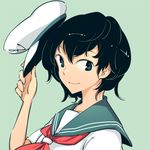  black_hair blue_eyes face hat hat_removed hat_tip headwear_removed lowres murasa_minamitsu nakatani_nio sailor sailor_hat short_hair smile solo touhou 