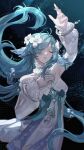  1girl absurdres antenna_hair aqua_hair arm_up bare_shoulders closed_eyes collar commentary detached_collar detached_sleeves dress eyes_visible_through_hair fins flower genshin_impact hair_flower hair_ornament hair_over_one_eye hand_on_own_chest head_fins highres kirsty_(kirue_t) long_hair parted_lips singing solo very_long_hair vodyanitsa_(genshin_impact) white_collar white_dress white_flower white_sleeves 