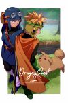  1girl 2boys animal animalization belt black_bodysuit blonde_hair blue_hat blue_tunic bodysuit boots brown_fur cape commentary_request copyright_name cousins dog dragon_quest dragon_quest_ii echo_(circa) full_body goggles goggles_on_headwear grass hat looking_at_another multiple_boys open_mouth orange_cape outdoors prince_of_lorasia prince_of_samantoria princess_of_moonbrook short_hair spiked_hair standing sword sword_on_back tree tunic weapon weapon_on_back white_boots 