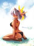  ass barefoot bikini breasts butt_crack colored_eyelashes dark_skin feet hazuki_gean large_breasts long_hair looking_back parted_lips partially_submerged pixiv_fantasia pixiv_fantasia_4 pointy_ears red_eyes side-tie_bikini sideboob silver_hair sitting slit_pupils solo swimsuit wariza water wet 
