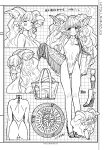  1girl animal_ears bag blush breasts carpet check_copyright commentary copyright_request curled_horns earrings goat_ears goat_girl goat_horns greyscale highres horns jewelry large_breasts long_hair monochrome multiple_views one-piece_swimsuit original platform_sandals romaji_text sandals shoulder_bag swimsuit translation_request very_long_hair wada_arco 