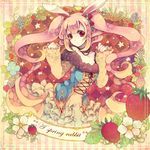  animal_ears bunny_ears flower food fruit hands long_hair original pink_hair red_eyes red_flower red_rose robosuke rose solo strawberry strawberry_blossoms twintails 