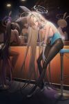  4girls absurdres alcohol animal_ears asuna_(blue_archive) asuna_(bunny)_(blue_archive) back backless_leotard bar_(place) bar_counter bar_stool bare_shoulders beer beer_mug black_hair black_leotard blonde_hair blue_archive blue_bow blue_bowtie blue_eyes blue_halo blue_leotard bow bowtie breasts ceiling_light cleavage cocktail_glass commentary cup dark-skinned_female dark_skin detached_collar drinking_glass elbow_gloves fake_animal_ears fishnet_pantyhose fishnets gloves hair_over_one_eye halo high_heels highleg highleg_leotard highres holding holding_cup indoors karin_(blue_archive) karin_(bunny)_(blue_archive) large_breasts leotard long_hair looking_at_viewer mug multiple_girls official_alternate_costume pantyhose playboy_bunny ponytail purple_halo rabbit_ears rabbit_tail sitting smile spirit_polluter standing stool strapless strapless_leotard tail thighband_pantyhose very_long_hair white_gloves 