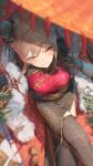  1girl absurdres black_dress black_gloves black_thighhighs breasts brown_hair bun_cover chinese_clothes closed_mouth commentary crossed_legs day dress fishnet_thighhighs fishnets from_above fur_shawl furen_e_lustario furen_e_lustario_(qipao) gloves hair_bun highres kouchanthree large_breasts looking_at_viewer looking_up nijisanji outdoors qipao red_dress red_eyes see-through_cleavage see-through_clothes shawl sidelocks sitting smile solo thighhighs untranslatable_commentary virtual_youtuber 