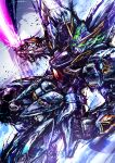  absurdres clenched_hand commentary_request cowboy_shot dutch_angle energy_sword eye_trail glowing glowing_eyes green_eyes highres hiroki_(hiroki-black) holding holding_beam_saber holding_weapon huckebein joints light_trail looking_at_viewer mecha no_humans robot robot_joints science_fiction solo super_robot_wars super_robot_wars_4 super_robot_wars_original_generation super_robot_wars_original_generations sword v-fin watercolor_effect weapon 