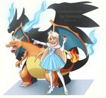  1girl bad_source blonde_hair blue_dress bug butterfly charizard deniacp dress elbow_gloves glass_slipper gloves high_heels holding holding_poke_ball leggings mega_stone original pointing poke_ball pokemon princess thighhighs tiara white_gloves 
