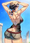  1girl arms_on_head ass black_hair black_shirt black_shorts breasts commentary_request cowboy_shot from_behind highres looking_at_viewer medium_breasts medium_hair pokemon pokemon_omega_ruby_and_alpha_sapphire red_eyes red_ribbon ribbon shirt shorts sleeveless solo trapezius watermark yasu_suupatenin zinnia_(pokemon) 