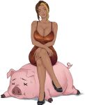  1girl absurdres alishia_art animal arms_on_knees bare_arms bare_legs bare_shoulders black_shoes blonde_hair breasts brown_dress brown_eyes brown_hair collarbone colored_bangs commentary crossed_arms crossed_legs curvy dark-skinned_female dark_skin dress english_commentary full_body hair_up head_tilt high_heels highres invisible_floor large_breasts light_smile looking_afar lying multicolored_hair narrow_waist on_stomach original parted_bangs parted_lips pig shiny_skin shoes short_dress sidelocks simple_background sitting sleeveless sleeveless_dress spaghetti_strap sweatdrop teeth tight_clothes tight_dress updo white_background wide_hips x_x 