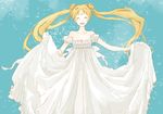  back_bow bishoujo_senshi_sailor_moon blonde_hair blue_background bow chiruda closed_eyes curtsey double_bun dress happy long_hair princess_serenity solo tsukino_usagi twintails very_long_hair white_dress 