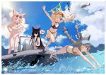  4girls absurdres aircraft animal_ears armpits bikini black_bikini black_hair blonde_hair blue_archive blue_bikini blue_eyes blue_halo blush boat braid brown_hair closed_eyes commentary commission diagonal-striped_bikini diagonal-striped_clothes diving eyewear_on_head fox_ears fox_girl fox_platoon_(blue_archive) frilled_bikini frills green_eyes green_halo halo helicopter highres kurumi_(blue_archive) kurumi_(c108_swimsuit)_(blue_archive) long_hair low_twin_braids melissa_v2 multiple_girls niko_(blue_archive) niko_(c108_swimsuit)_(blue_archive) ocean off-shoulder_bikini off_shoulder official_alternate_costume official_alternate_hairstyle one_eye_closed orange-tinted_eyewear orange_bikini otogi_(blue_archive) otogi_(c108_swimsuit)_(blue_archive) outstretched_arms pink_bikini pink_hair ponytail red_eyes red_halo short_hair spread_arms striped_bikini striped_clothes sunglasses swimsuit tinted_eyewear twin_braids very_long_braid very_long_hair visor_cap watercraft yukino_(blue_archive) 