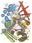  1girl ahoge black_thighhighs blonde_hair blue_eyes collared_dress commentary_request dress duel_monster hair_ornament hair_rings highres holding holding_sword holding_weapon long_sleeves necktie open_mouth sky_striker_ace_-_raye solo sword thighhighs two-tone_dress weapon white_background yaye5353 yu-gi-oh! 