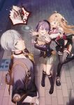  >_< 1boy 2girls ahoge aurelia_academy_school_uniform bangboo_(zenless_zone_zero) bare_shoulders belle_(brilliance_of_stars)_(zenless_zone_zero) belle_(zenless_zone_zero) billy_kid billy_kid_(starlight) bio_tiful black_hat black_shoes black_skirt black_sweater black_thighhighs blonde_hair blue_hair breasts chalky_(zenless_zone_zero) cissia_(zenless_zone_zero) closed_eyes closed_mouth commentary_request crossed_bangs detached_sleeves english_commentary eous_(zenless_zone_zero) fingernails green_eyes green_skirt grey_hair hair_between_eyes hair_ornament hairclip hat highres holding horns large_breasts long_hair mixed-language_commentary multiple_girls neckerchief official_alternate_costume one_eye_closed open_mouth pink_nails pom_pom_(clothes) pom_pom_hair_ornament robot_boy school_uniform shoes short_hair skirt snake snake_girl snake_tail standing standing_on_one_leg sweater tail thighhighs underboob white_snake wise_(oath_of_skies)_(zenless_zone_zero) wise_(zenless_zone_zero) yellow_neckerchief zenless_zone_zero 
