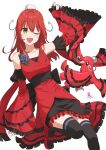  1girl :d ;d alternate_costume bare_shoulders bird black_thighhighs black_trim blue_flower bocchi_the_rock! commentary_request crossover detached_sleeves dress flats flower frilled_sleeves frills green_eyes hair_between_eyes hair_ornament highres kanaria_hisagi kita_ikuyo long_hair one_eye_closed open_mouth oricorio oricorio_(baile) pokemon pokemon_(creature) pom_pom_(clothes) pom_pom_hair_ornament red_dress red_hair red_shoes shoes signature simple_background smile standing standing_on_one_leg thighhighs white_background 