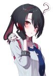  1girl 2girls ? animal_ears aogiri_koukou black_hair blue_necktie blush breasts chibi choker commentary curtained_hair embarrassed extra_ears floppy_ears goat_ears grey_shirt highres kemonomimi_mode lop_rabbit_ears multicolored_hair multiple_girls necktie parted_lips pinstripe_pattern pinstripe_shirt rabbit_ears red_choker red_eyes red_streaks ribbon_choker scratching_head shirt short_hair side_part simple_background small_breasts solo solo_focus streaked_hair taachika three-quarter_sleeves tsukiyuki_ibuki upper_body virtual_youtuber white_background yamaguro_nekuro 