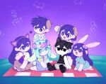  2girls 4boys :3 animal_ear_hairband animal_ears antenna_hair aubrey_(headspace)_(omori) aubrey_(omori) bad_id bad_twitter_id barefoot basil_(headspace)_(omori) basil_(omori) black_eyes black_hair blue_overalls blue_shirt blush bow bright_pupils brother_and_sister brothers brown_skirt cat_ear_hairband cat_ears checkered_blanket chibi chibi_only closed_mouth collared_pajamas collared_shirt colored_skin commentary_request dog_ears double-parted_bangs expressionless fake_animal_ears flower flower_wreath green_eyes green_hair green_shirt hair_behind_ear hair_between_eyes hair_bow hairband head_wreath hero_(headspace)_(omori) hero_(omori) kel_(headspace)_(omori) kel_(omori) kemonomimi_mode korean_commentary long_hair long_shirt looking_at_another looking_at_viewer mari_(headspace)_(omori) mari_(omori) morivivi3 multiple_boys multiple_girls neckerchief omori omori_(omori) open_mouth overall_shorts overalls pajamas picnic_blanket pink_bow purple_eyes purple_hair purple_sky rabbit_ears red_neckerchief shirt short_hair short_sleeves siblings sidelocks sitting skirt sky smile striped_clothes striped_pajamas t-shirt vertical-striped_clothes vertical-striped_pajamas video_thumbnail white_pajamas white_pupils white_shirt white_skin 