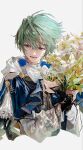  1boy ahoge alternate_costume aqua_hair black_gloves blue_cape blue_eyes blue_flower bouquet bow bowtie cape commentary_request earrings fingerless_gloves floating_hair flower genshin_impact gloves hair_between_eyes hands_up highres holding holding_bouquet hood hooded_cape innagaja jewelry korean_commentary lohen_(genshin_impact) long_sleeves looking_to_the_side male_focus open_mouth pink_pupils puffy_long_sleeves puffy_sleeves shirt short_hair simple_background single_earring smile solo teeth tongue turtleneck turtleneck_shirt upper_body vest white_background white_bow white_bowtie white_flower white_hood white_shirt white_vest yellow_flower 