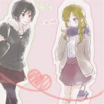  2girls aldnoah.zero alternate_costume amifumi_inko bag black_hair blonde_hair blue_eyes blush brown_eyes brown_skirt character_name commentary_request cowboy_shot fur-trimmed_jacket fur_trim green_jacket handbag heart holding holding_bag jacket long_hair multiple_girls nina_klein okomeumaidesu pantyhose pink_skirt purple_bag purple_scarf scarf short_hair shoulder_bag skirt smile twintails 