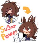  1girl agnes_tachyon_(tach-nology)_(umamusume) agnes_tachyon_(umamusume) ahoge animal_ears arrow_(symbol) black_necktie blush brown_hair closed_mouth coat coffee cup ear_wiggle earrings hair_between_eyes holding holding_cup horse_ears horse_girl jewelry lab_coat long_sleeves necktie one_eye_closed open_mouth red_eyes shirt short_necktie single_earring sleepy sleeves_past_fingers sleeves_past_wrists squeans sugar_cube sweater sweater_vest tongue tongue_out umamusume white_coat wolf_cut yellow_sweater yellow_sweater_vest yodaka_(yodaka1227) 