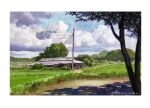  artist_name blue_sky border cloud cloudy_sky commentary_request day detached_sleeves grass kazuyuki_hashimoto original outdoors people power_lines shed sky tree utility_pole white_border 