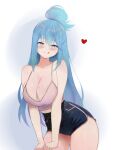  1girl aqua_(konosuba) blue_eyes blue_hair blush blush_stickers breasts choppy_bangs collarbone cowboy_shot dolphin_shorts hair_between_eyes hair_bun heart highres kono_subarashii_sekai_ni_shukufuku_wo! kotlight large_breasts leaning_forward long_hair midriff midriff_peek shorts solo spaghetti_strap 