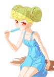  1girl ai-chan_(honkai_impact) blue_dress commentary_request double_bun dress food food_in_mouth gotointhepark green_hair hair_bun highres holding holding_food honkai_(series) honkai_impact_3rd looking_at_viewer orange_eyes popsicle simple_background sitting sleeveless sleeveless_dress solo sundress sweat white_background 